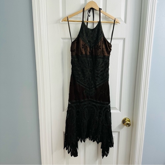 Vintage Cache Dress Midi Halter Lace Brown Black Boho Cocktail Size Extra Small - Picture 3 of 5